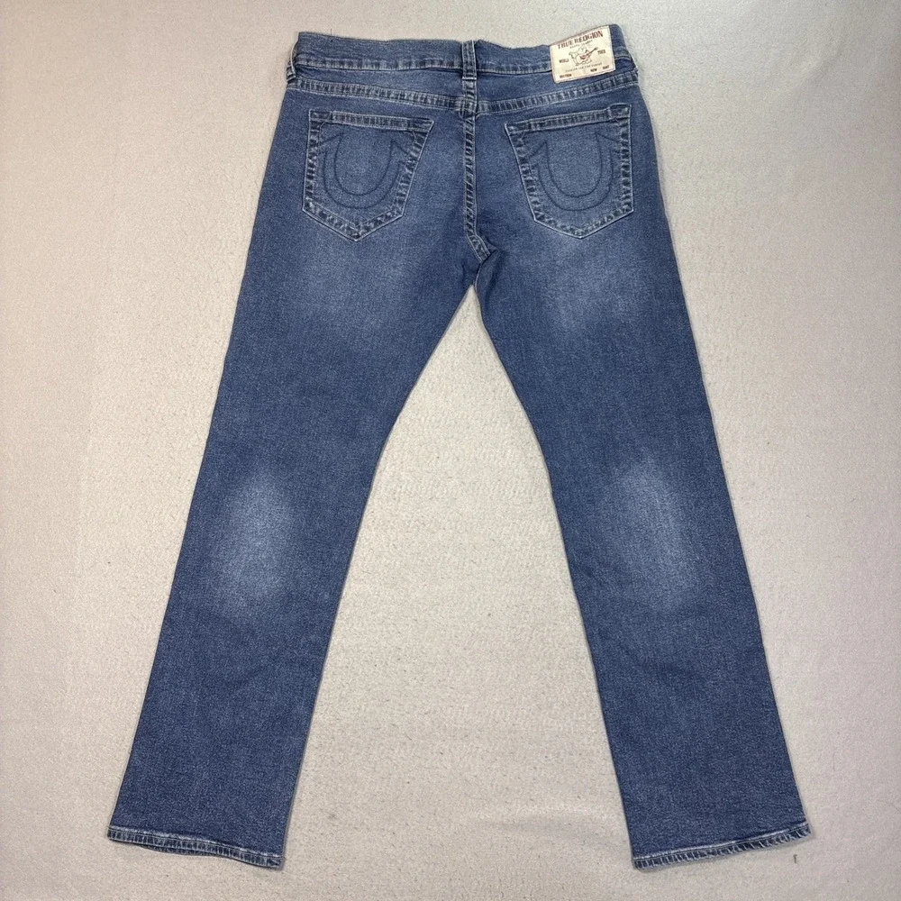 True Religion Men Ricky Relaxed Straight Blue Denim Jean Logo Size 36 (38x34)